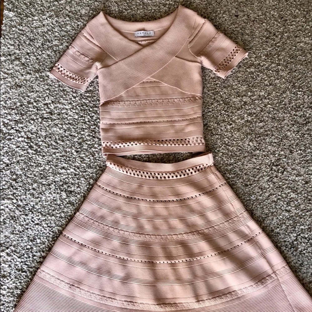 Sandro Blush Pink Knit Two-Piece Crop Top & Skirt